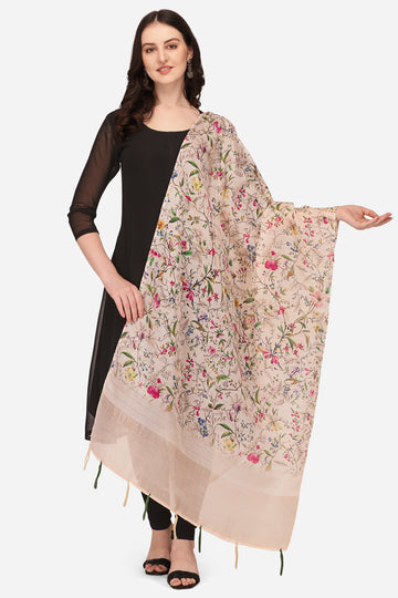 Peach Color Floral Digital Printed Zari Silk Dupatta